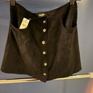 Express Black Suede-Look Button Front Mini Skirt
